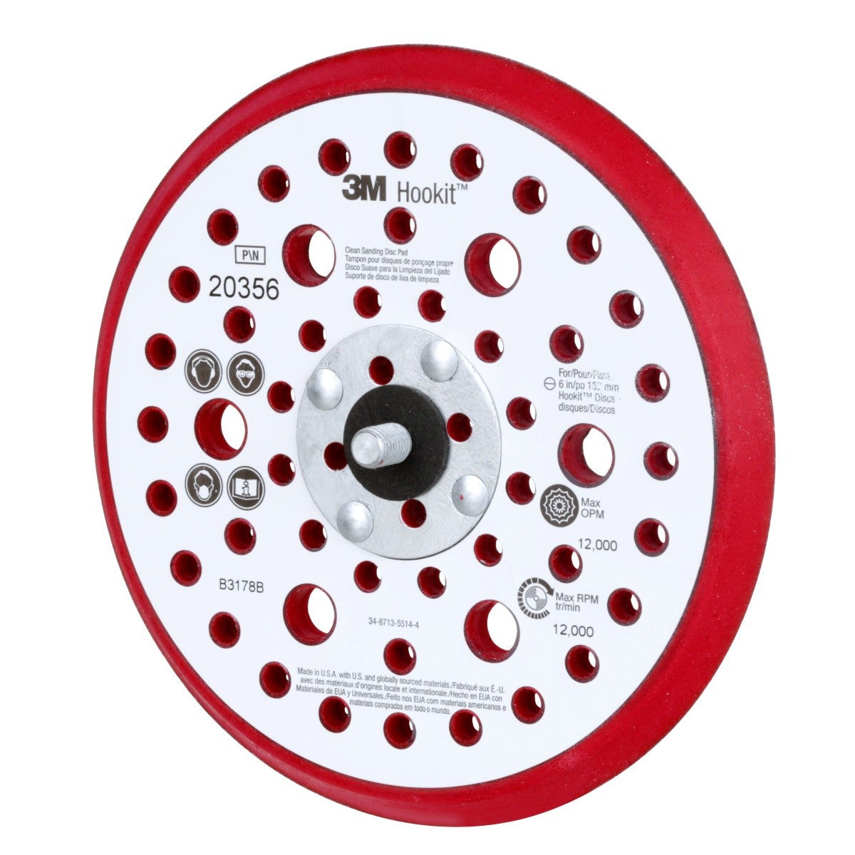 3M Xtract Hookit Low Profile Back-up Pad, 52 Holes, Red, 6 in, 5/16-24 External (20356) (7100027464) (10 Pack) - 3