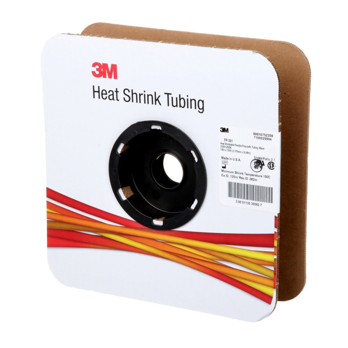 3M Heat Shrink Thin-Wall Tubing FP-301, Black, 1/8 in ID, 100 ft Spool (FP0.125BK100'S) (7100029984) (3 Pack) - 3