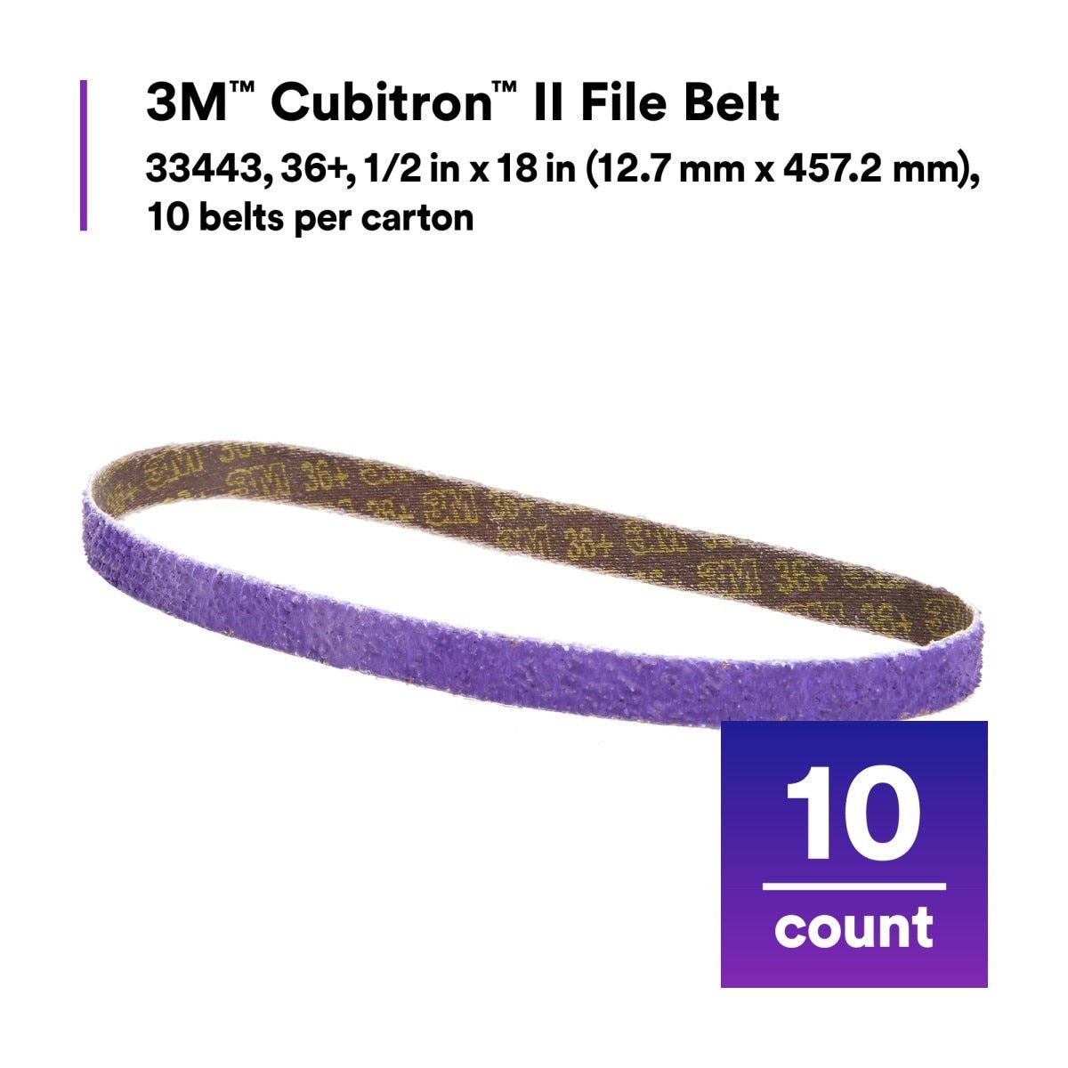3M 786F 33443 Cubitron II File Belt, 36+ Grit, Purple, 1/2 in x 18 in, Spot Weld Removal (7100033184) (50 Pack) - 9