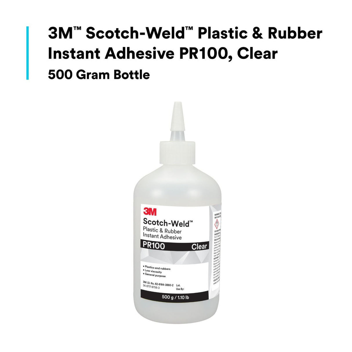 3M PR100 Plastic and Rubber Instant Adhesive, Clear, Low Viscosity, 500 g 1.10 lb Bottle, 1 Bottle/Case (7100039200) - 7