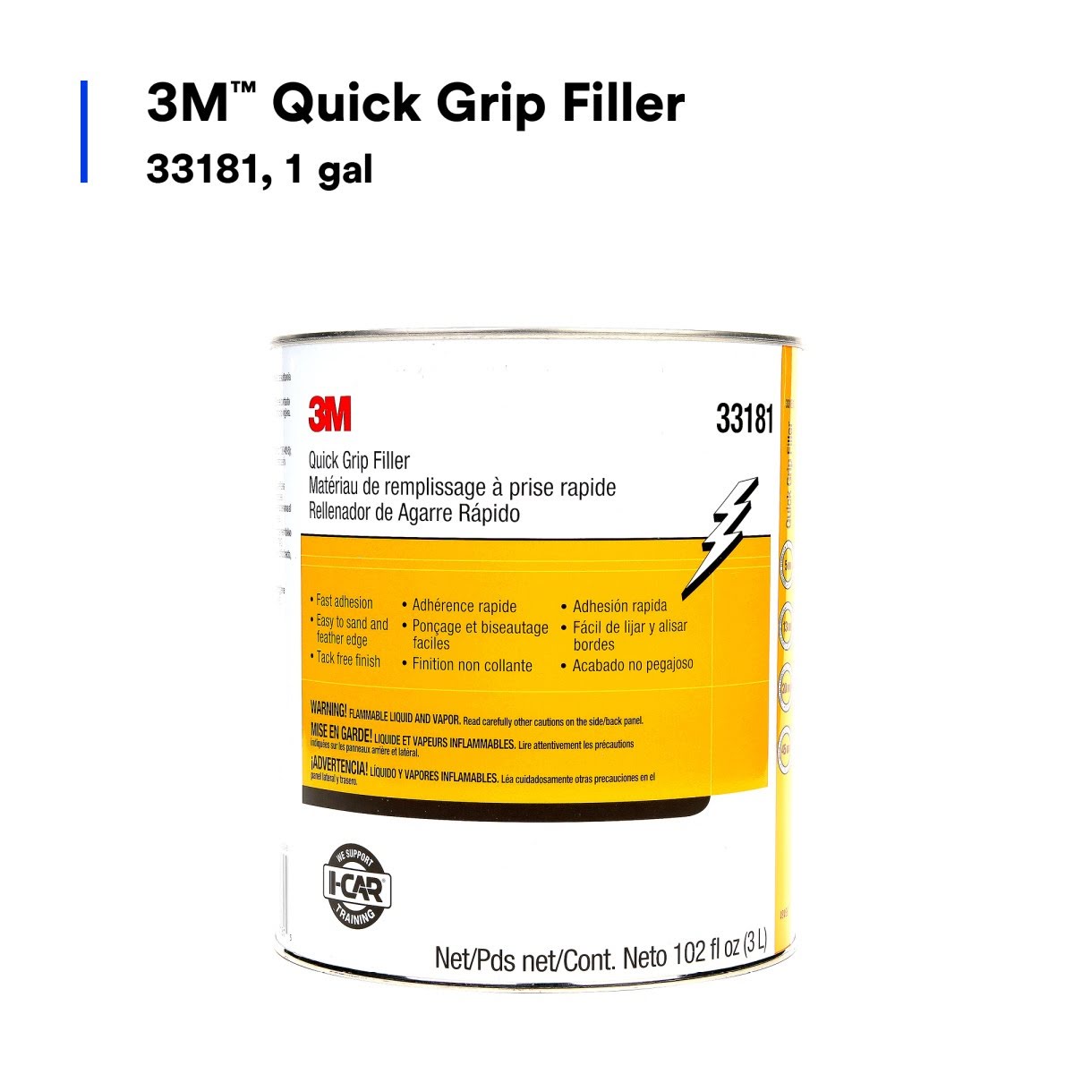 3M Quick Grip Filler Body Filler, Gray Paste, 1 gal Can (33181) (7100039451) (4 Pack) - 4