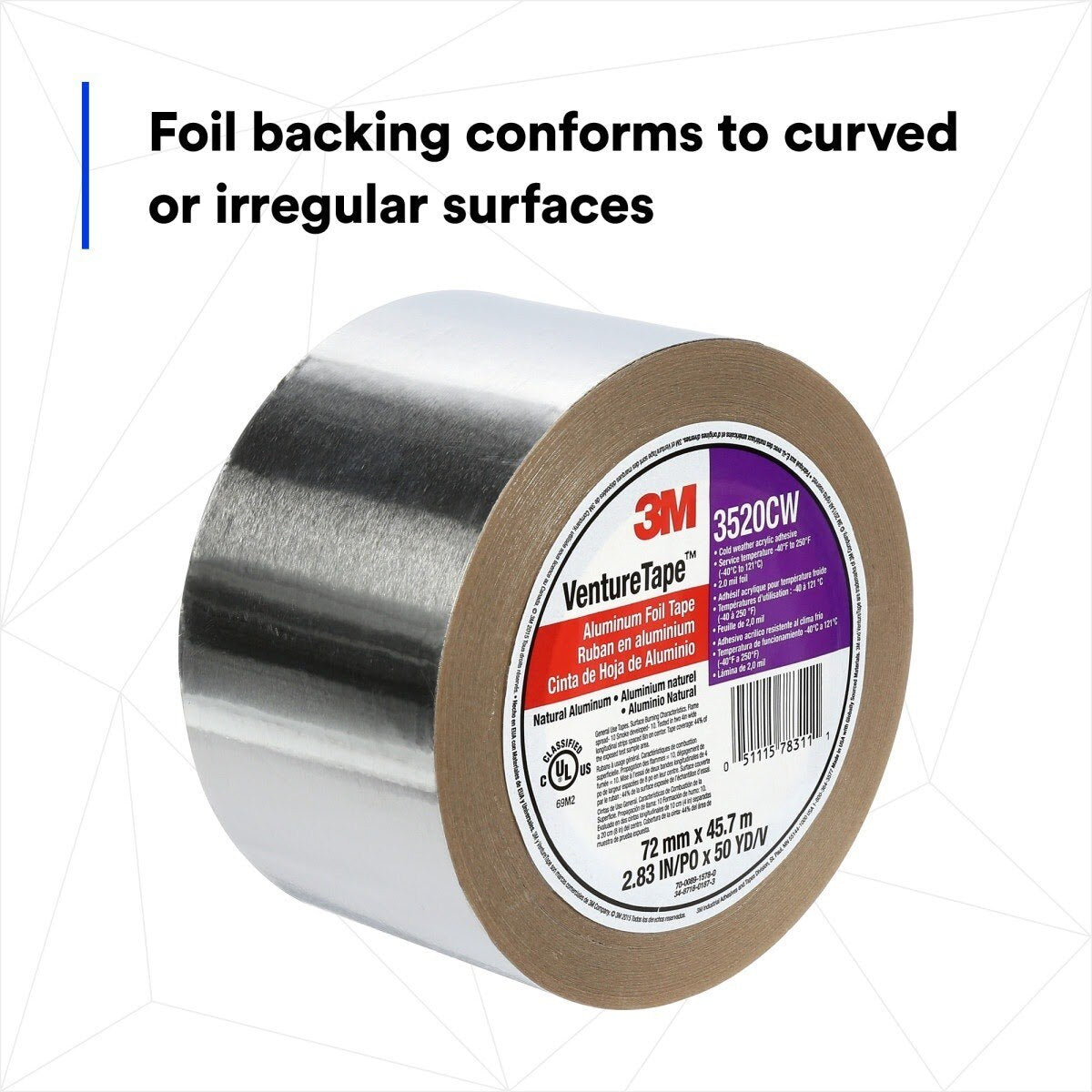 3M 3520CW Venture Tape Aluminum Foil Tape, Silver, 72 mm x 45.7 m, 3.7 mil (7100043750) (256 Pack) - 4