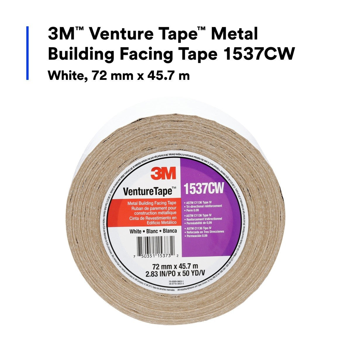 3M 1537CW Metal Building Facing Tape, White, 72 mm x 45.7 m (7100043751) (256 Pack) - 2