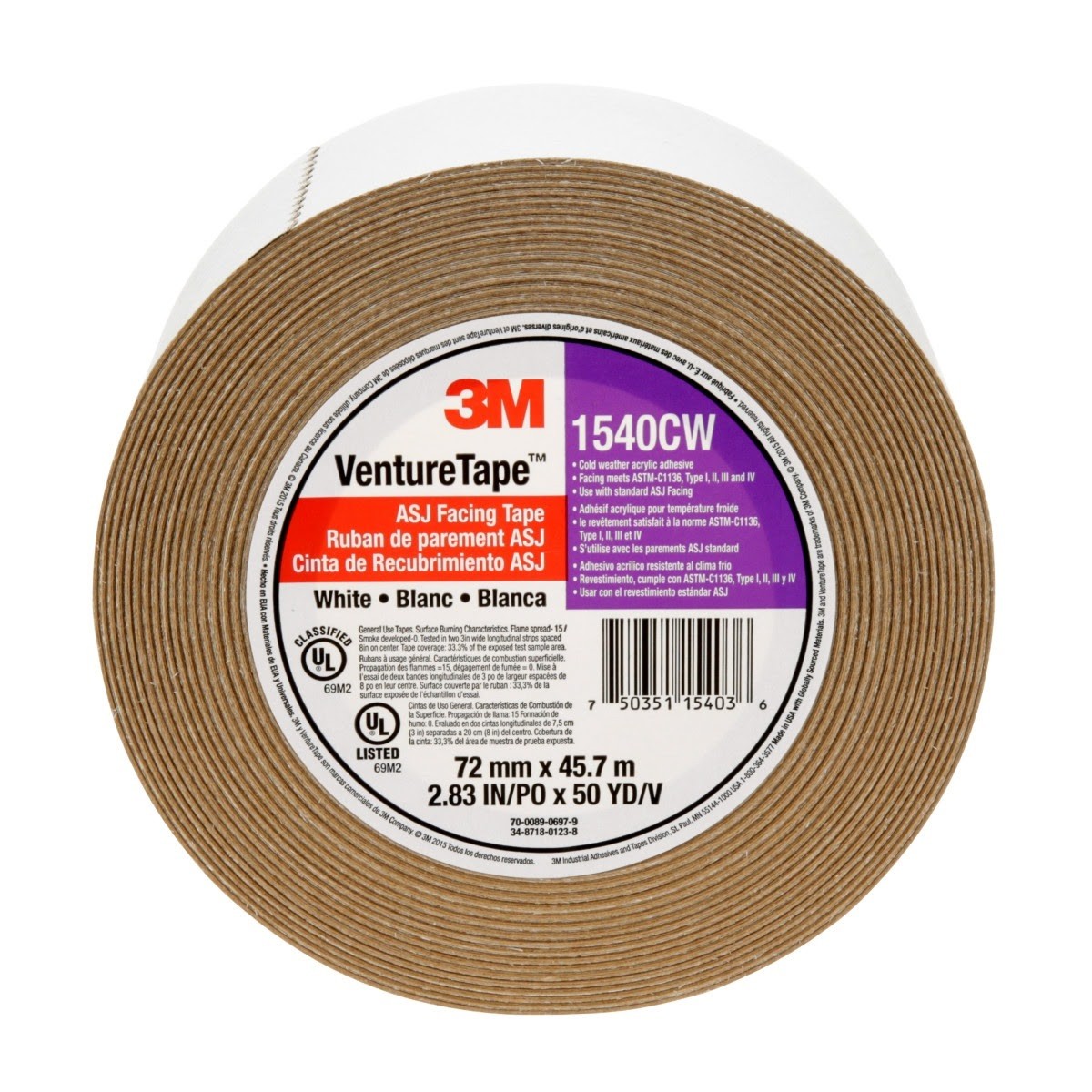 3M 1540CW Venture Tape ASJ Facing Tape, White, 72 mm x 45.7 m (7100043768) (16 Pack)