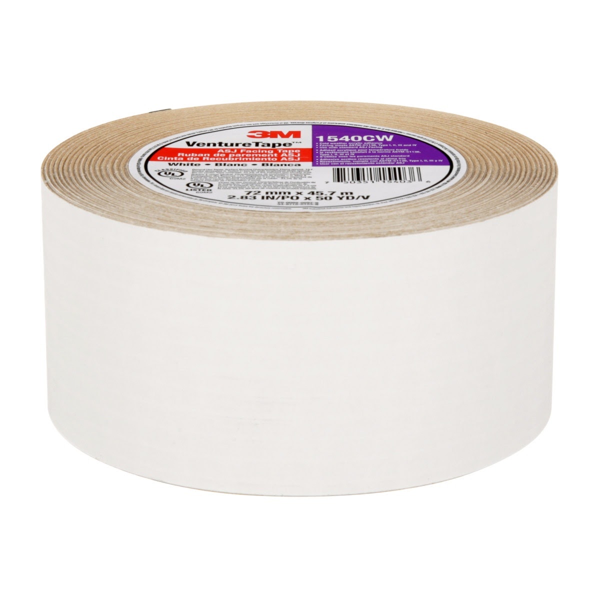 3M 1540CW Venture Tape ASJ Facing Tape, White, 72 mm x 45.7 m (7100043768) (16 Pack) - 8