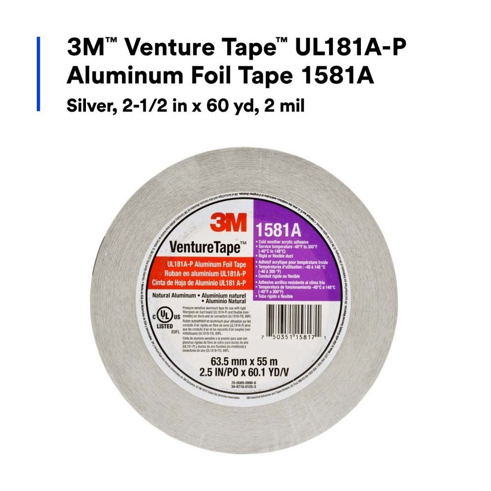 3M 1581A Venture Tape UL181A-P Aluminum Foil Tape Silver 2 1/2 in x 60 yd 2 mil (7100043830) - 3