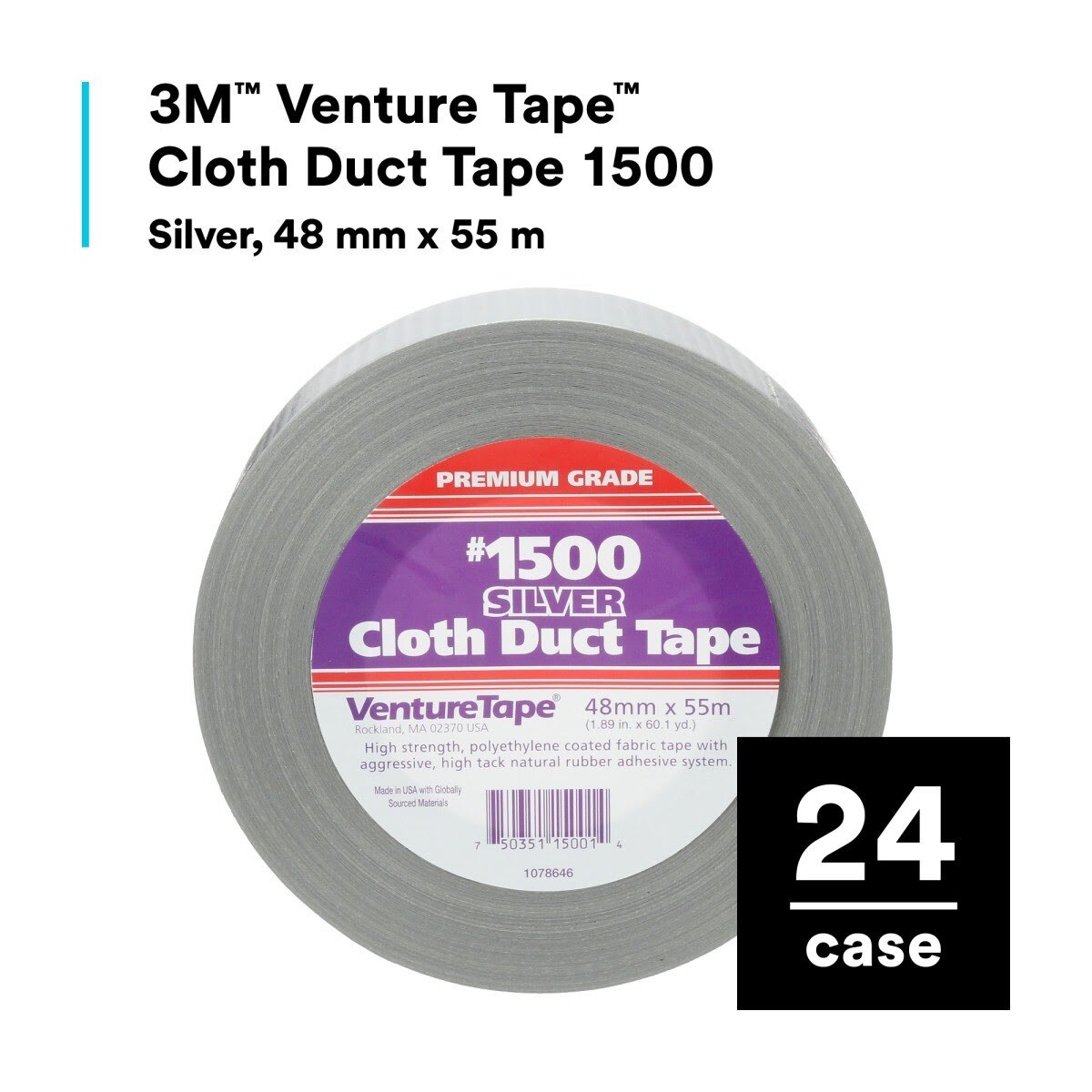 3M 1500 Venture Tape Cloth Duct Tape, Silver, 48 mm x 55 m (1.88 in x 60.1 yd) (7100043836) (576 Pack) - 2