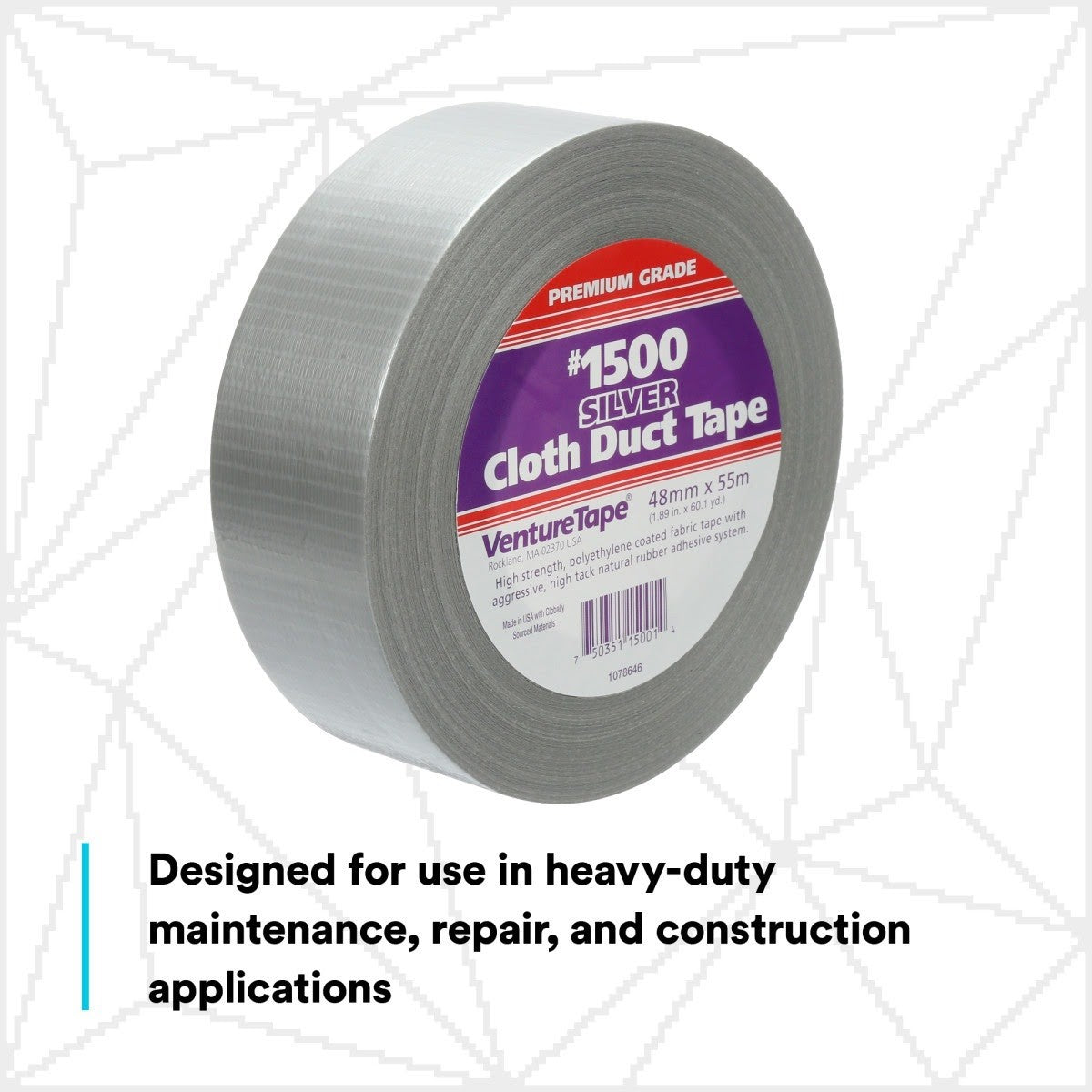 3M 1500 Venture Tape Cloth Duct Tape, Silver, 48 mm x 55 m (1.88 in x 60.1 yd) (7100043836) (576 Pack) - 3