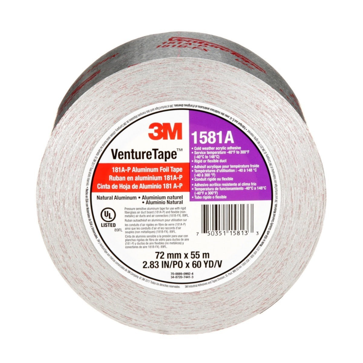 3M UL181A-P 1581A Venture Tape Aluminum Foil Tape, Silver, 72 mm x 55 m, 2 mil (7100043929) (16 Pack)