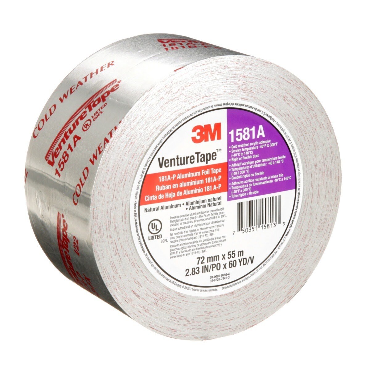 3M UL181A-P 1581A Venture Tape Aluminum Foil Tape, Silver, 72 mm x 55 m, 2 mil (7100043929) (16 Pack) - 7