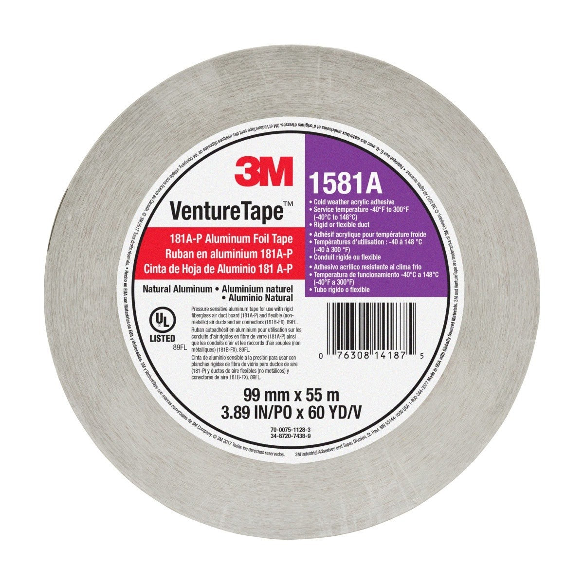 3M UL181A-P 1581A Venture Tape Aluminum Foil Tape, Silver, 72 mm x 55 m, 2 mil (7100043929) (16 Pack) - 9