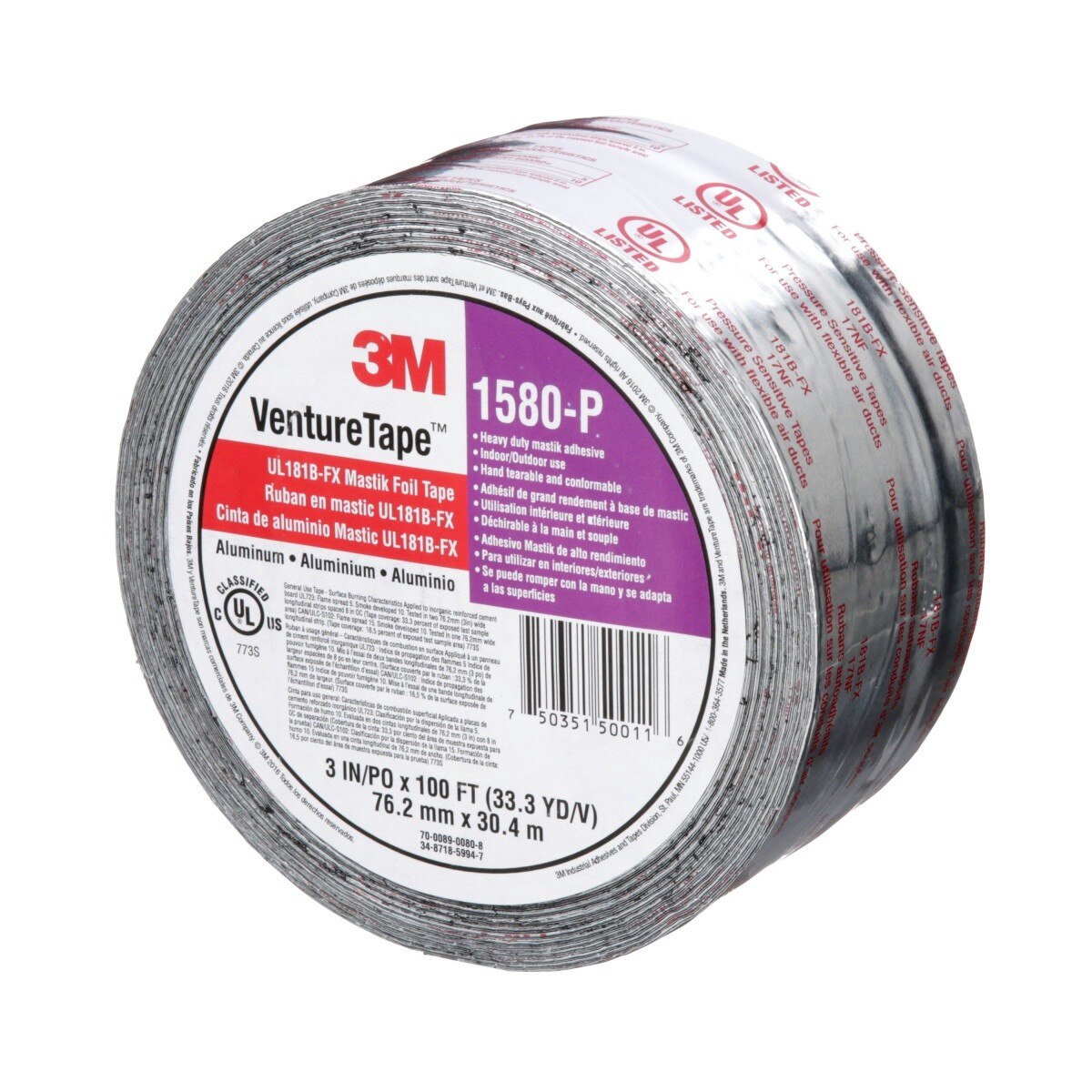 3M Venture Tape UL181B-FX Mastik Foil Tape, Silver, 3 in x 100 ft (1580-P) (7100043954) (16 Pack) - 4