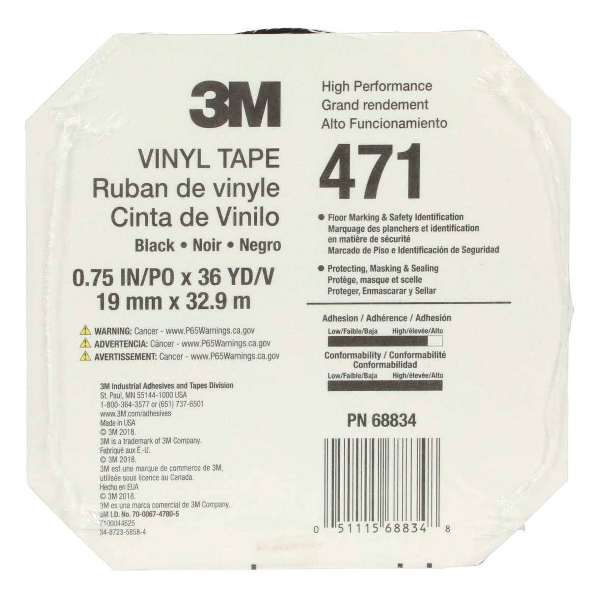 3M 471 Vinyl Tape, Black, 3/4 in x 36 yd, 5.2 mil (471 IW) (7100044625) (48 Pack) - 9