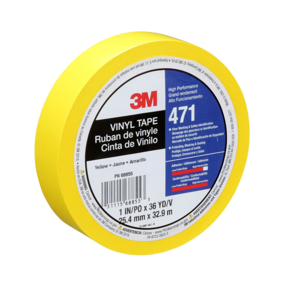 3M 471 Vinyl Tape, Yellow, 1 in x 36 yd, 5.2 mil, Roll (471 IW) (7100044642) (36 Pack) - 7