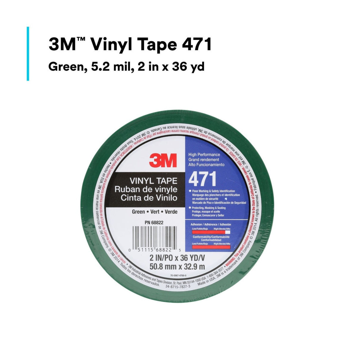 3M 471 Vinyl Tape, Green, 2 in x 36 yd, 5.2 mil Floor Marking Tape (7100044652) (24 Pack) - 10