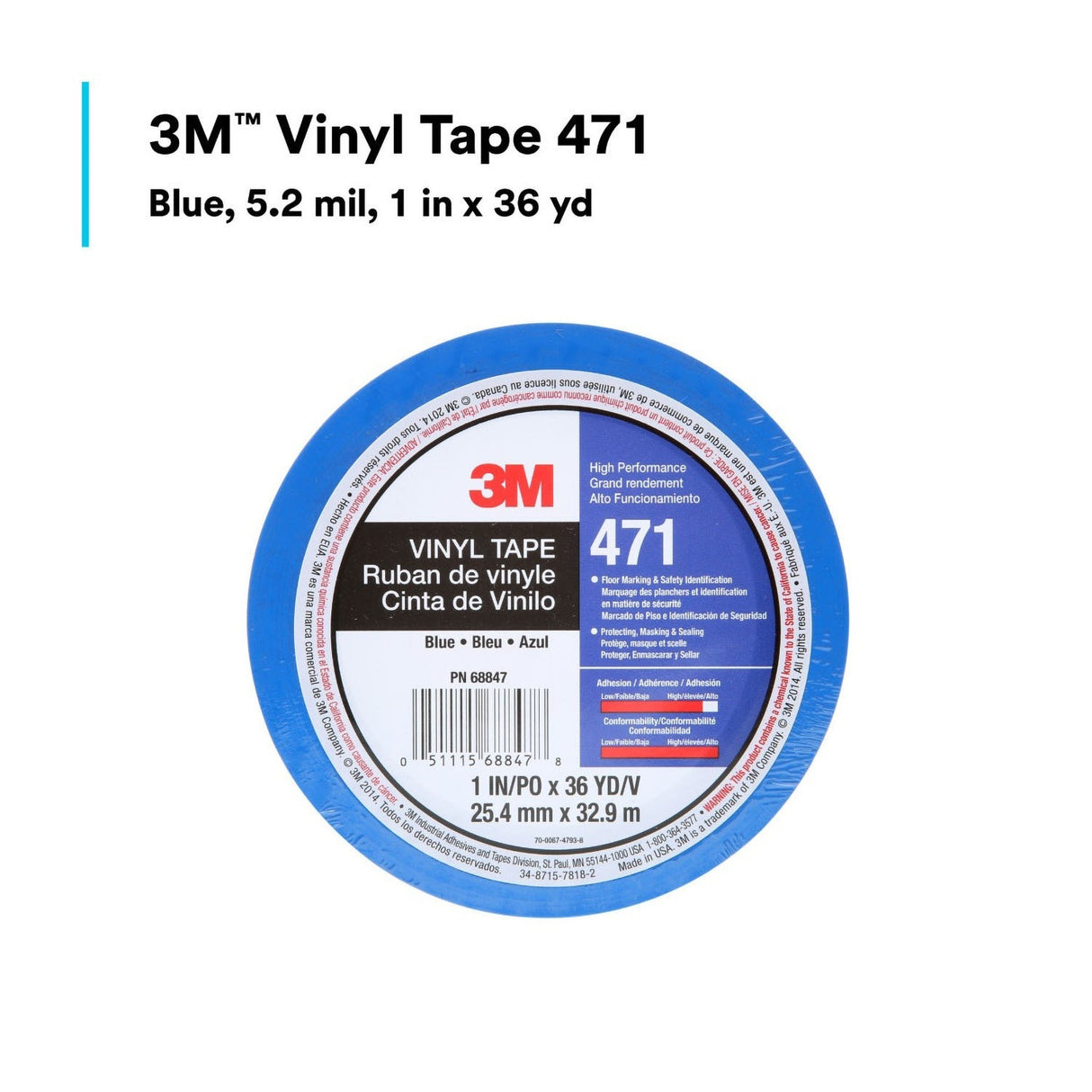 3M 471 Vinyl Tape, Blue, 1 in x 36 yd, 5.2 mil (68847) (7100044654) (36 Pack) - 8
