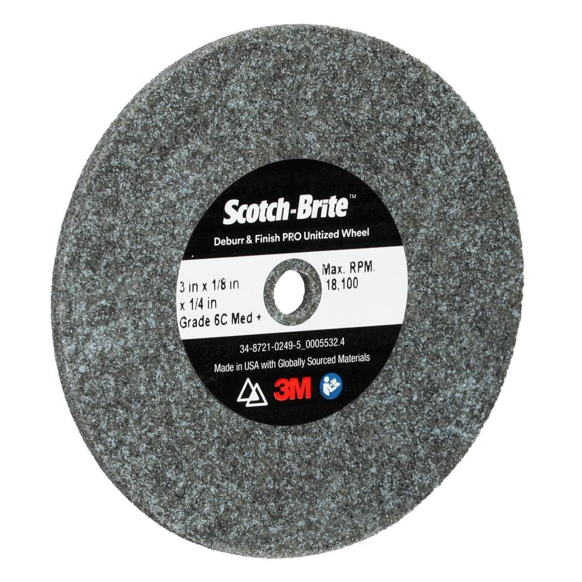 3M DP-UW Scotch-Brite Deburr and Finish PRO Unitized Wheel, 6C Medium+, Gray, 3 in x 1/8 in x 1/4 in Center Hole (7100053418) (40 Pack) - 3
