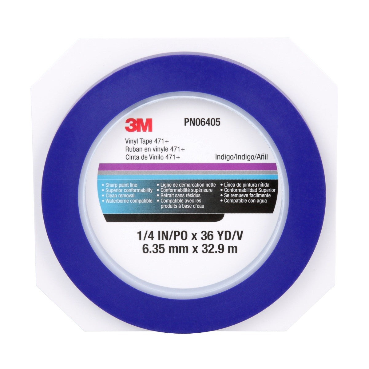 3M 471+ Indigo Vinyl Tape, Fine Line Paint Masking, 1/4 in x 36 yd (7100055835) (12 Pack) - 7