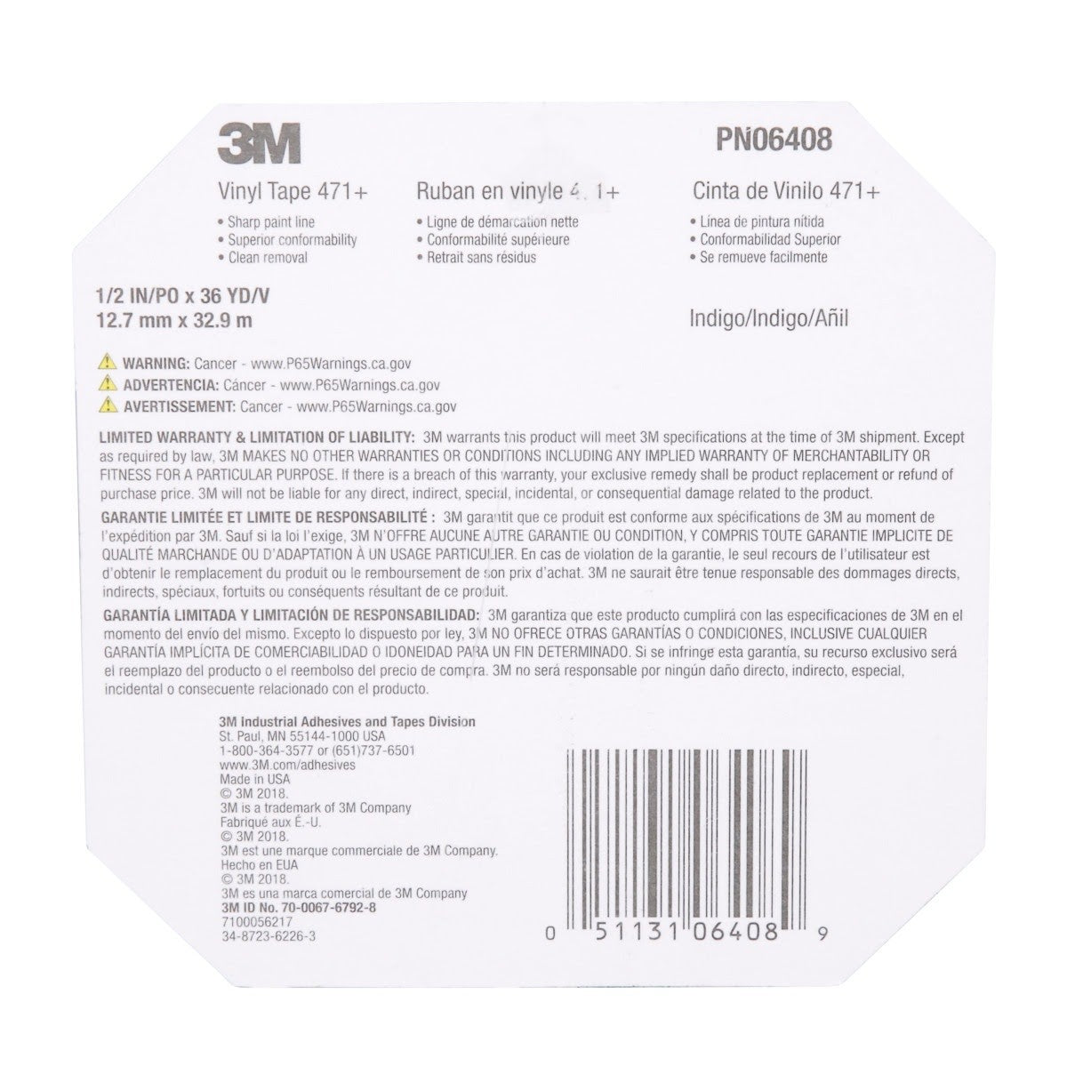3M 471+ Vinyl Tape 1/2 in x 36 yd Indigo Fine Line Paint Masking Striping Color Separation (7100056217) (12 Pack) - 9