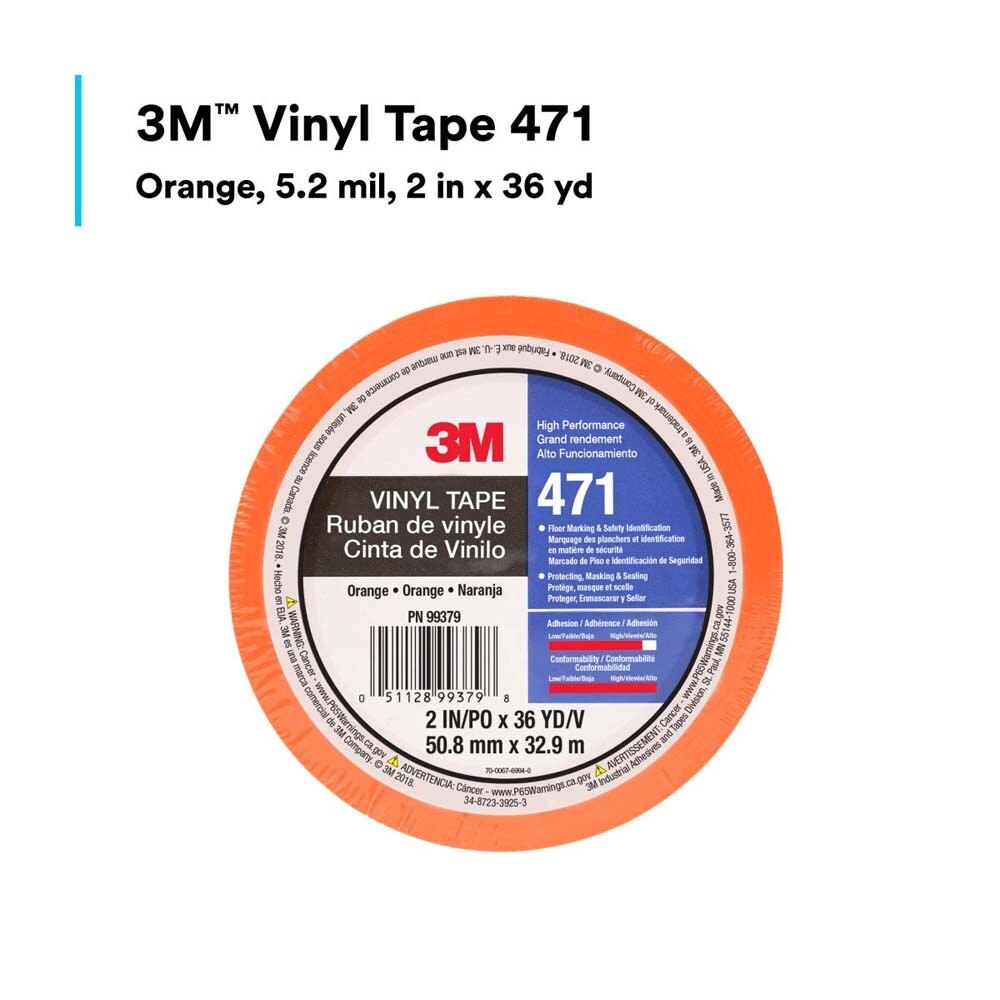 3M 7100061044 Vinyl Tape 471, Orange, 2 in x 36 yd, Individually Wrapped Rolls for Floor Marking and Surface Protection - 2