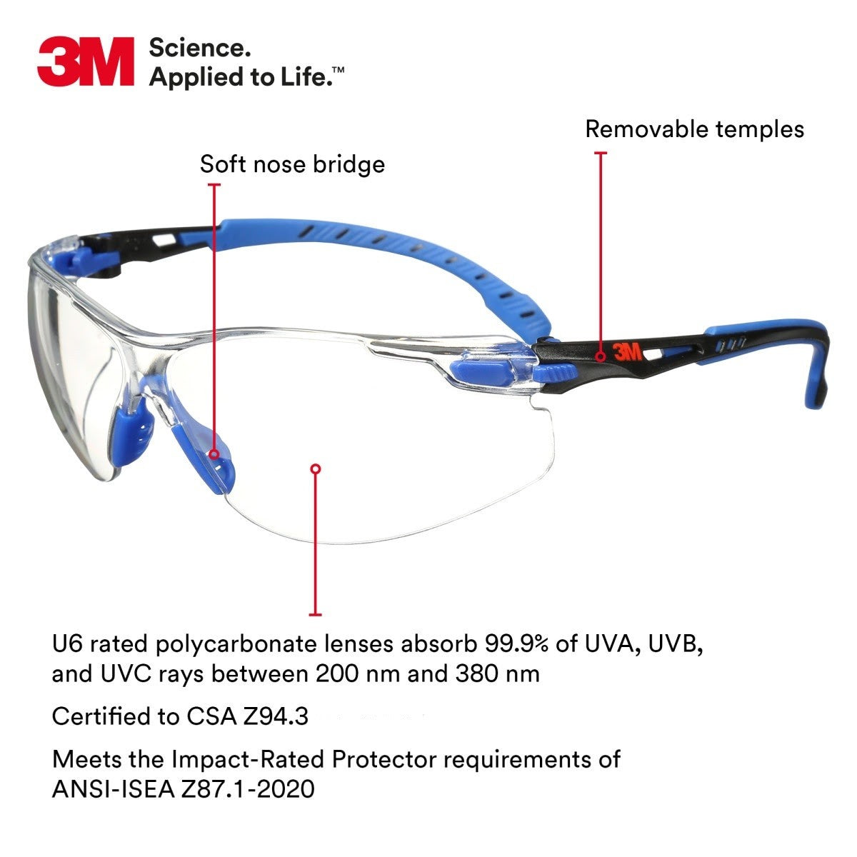 3M S1101SGAF Solus Safety Glasses, 1000 Series, Clear Lens, Blue/Black Frame, ANSI Z87 Impact Rated, Anti-Fog (7100079183) - 9
