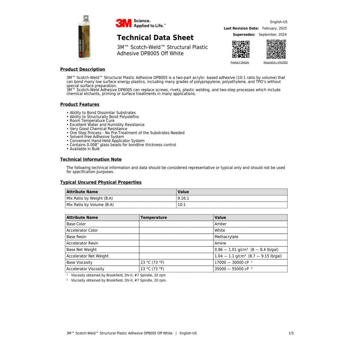 3M Scotch-Weld DP8005 Structural Plastic Adhesive, Off-White, 45 mL Duo-Pak (8005) (7100088846) (12 Pack) - 2