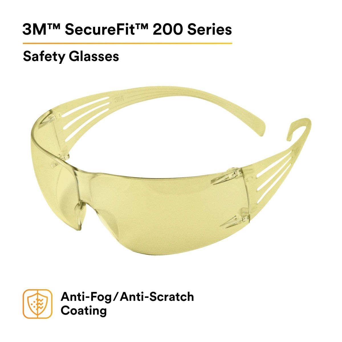 3M SF203AFP SecureFit Safety Glasses, Anti-Fog Plus Anti-Scratch, Amber Lens, Amber Frame, Flexible Temples (7100090617) (20 Pack) - 2