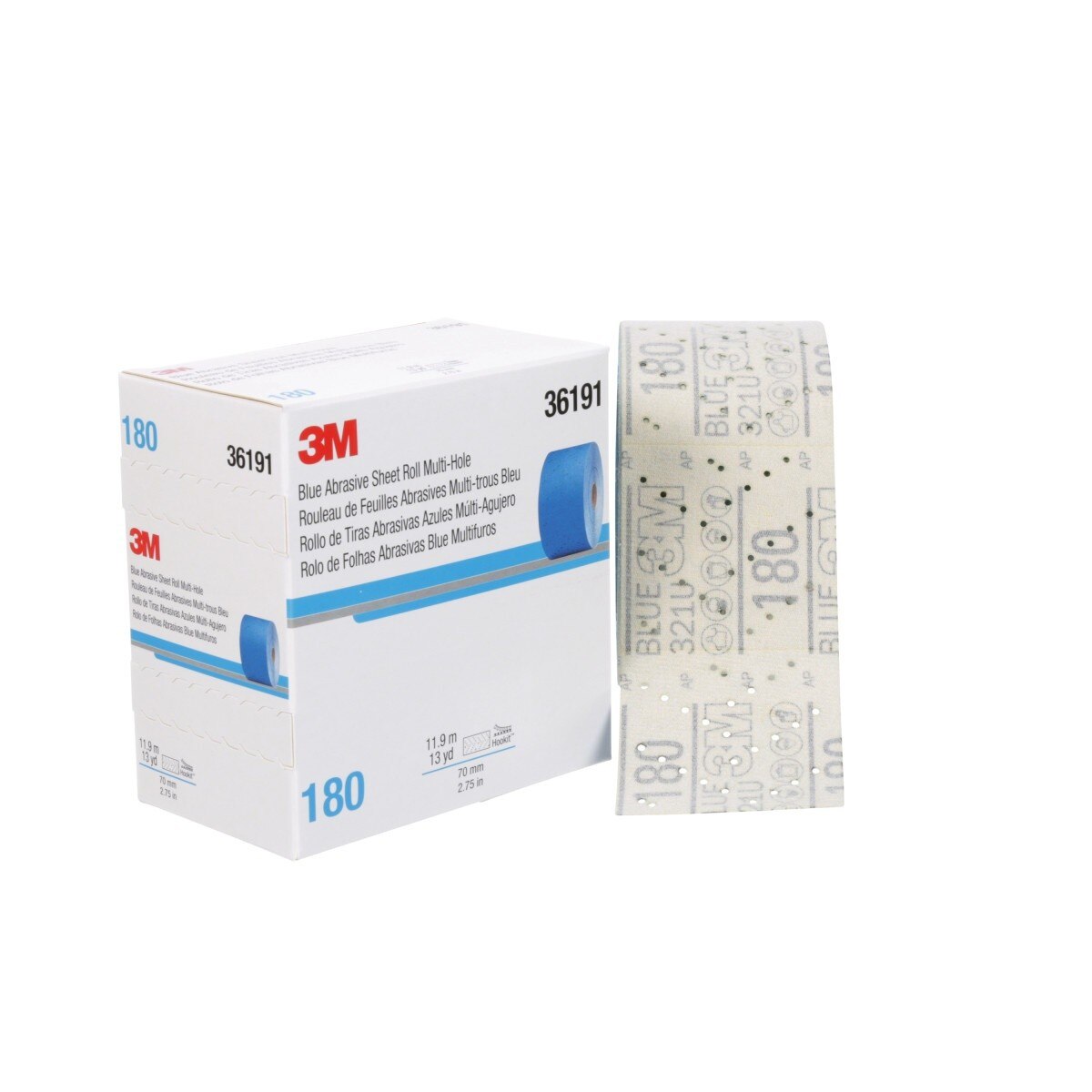 3M 321U Hookit Blue Abrasive Sheet Roll, Multi-Hole, 2.75 in x 13 yd, 180 Grit (36191) (7100091070) (4 Pack) - 4