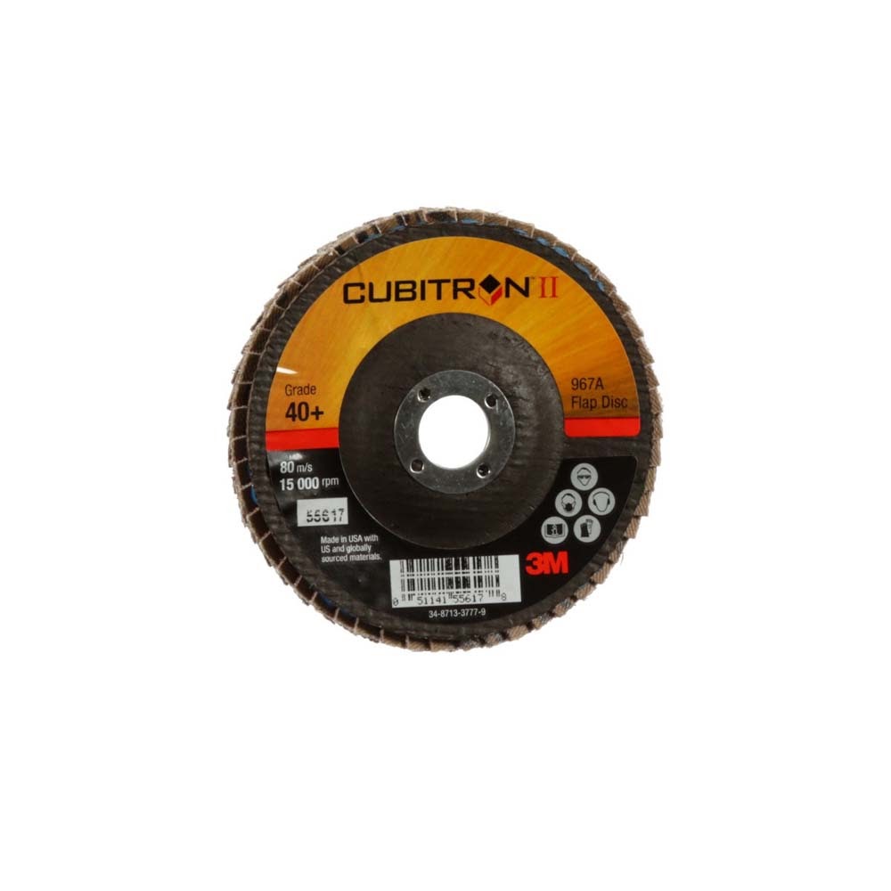 3M 967A Cubitron II Flap Disc , 40+, T29, 4 in x 5/8 in, Medium Pressure Applications, Light Deburring, Scale Removal, Oxide Removal, Surface Prep (7100097661) (10 Pack)