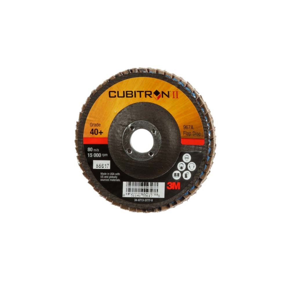 3M 967A Cubitron II Flap Disc , 40+, T29, 4 in x 5/8 in, Medium Pressure Applications, Light Deburring, Scale Removal, Oxide Removal, Surface Prep (7100097661) (10 Pack) - 3