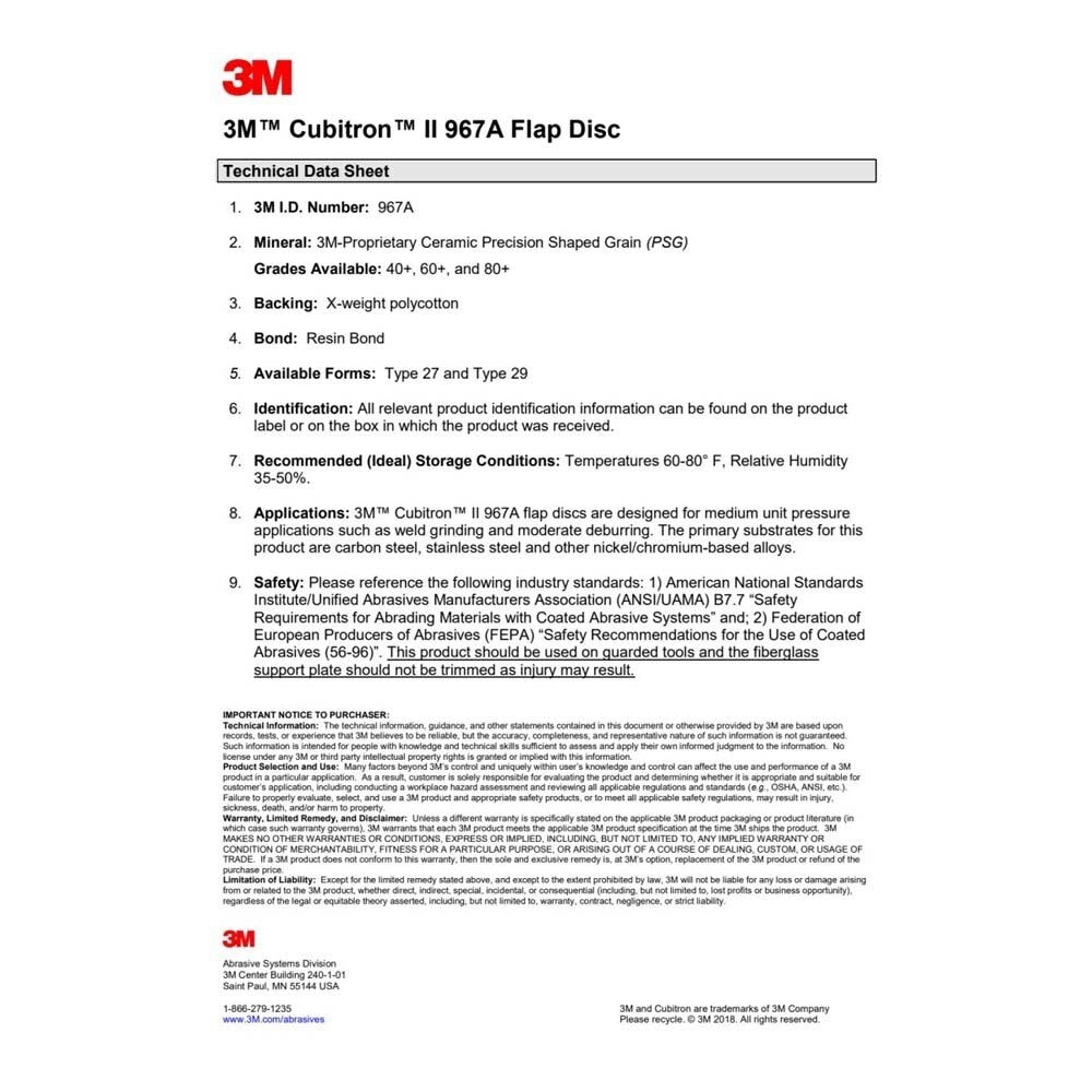 3M 7100097661 Cubitron II Flap Disc 967A, 40+, T29, 4 in x 5/8 in, Medium Pressure Applications, Light Deburring, Scale Removal, Oxide Removal, Surface Prep (10 Pack) - 10