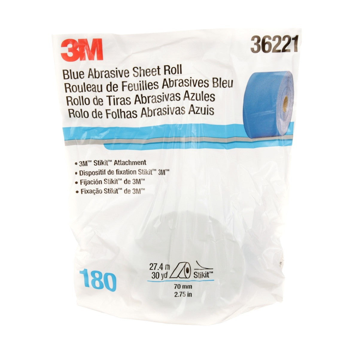 3M 321U Stikit Blue Abrasive Sheet Roll, No Hole, 180 Grade, 2-3/4 in x 30 yd (36221) (7100098556) (5 Pack) - 5