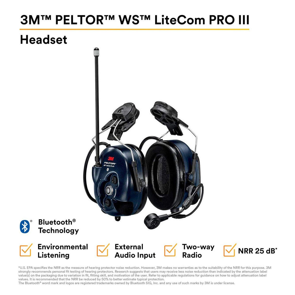 3M MT73H7P3E4D10NA PELTOR WS LiteCom PRO III Headset, Hard Hat Attached, Professional Grade Durability, Wireless Two-Way Communication Radio, Bluetooth, Boom Microphone, Navy Blue, MT73H7P3E4D10 (7100099586) - 2