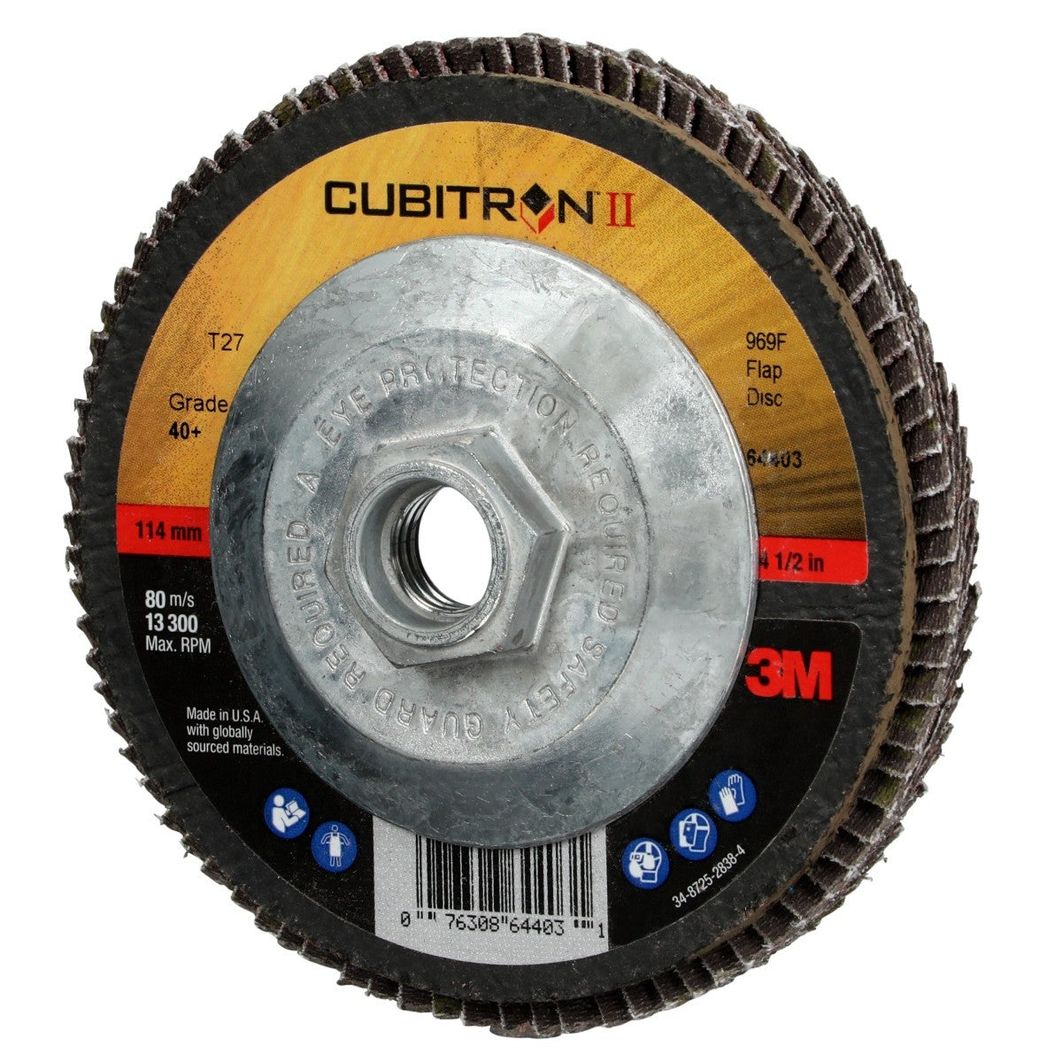 3M 969F Cubitron II Flap Disc, 40+, T27 Quick Change, Precision Shaped Ceramic, Maroon, 4-1/2 in x 5/8 in-11 (64403) (7100104919) (10 Pack) - 3