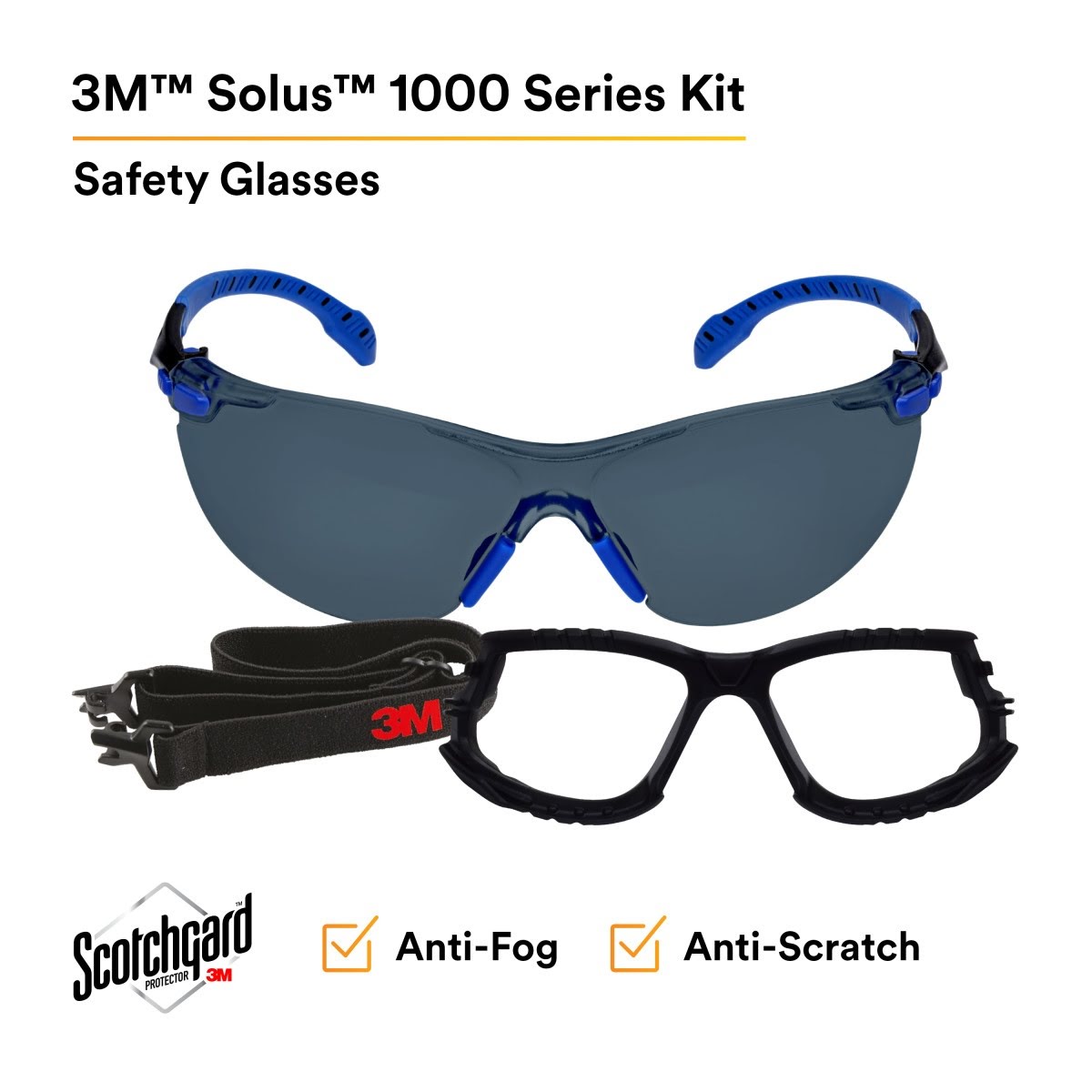 3M S1102SGAF-KT Solus 1000-Series Safety Glasses Kit with Foam Gasket and Elastic Strap, Gray Anti-Fog Lens, Blue Black Frame (7100105846) (20 Pack) - 2