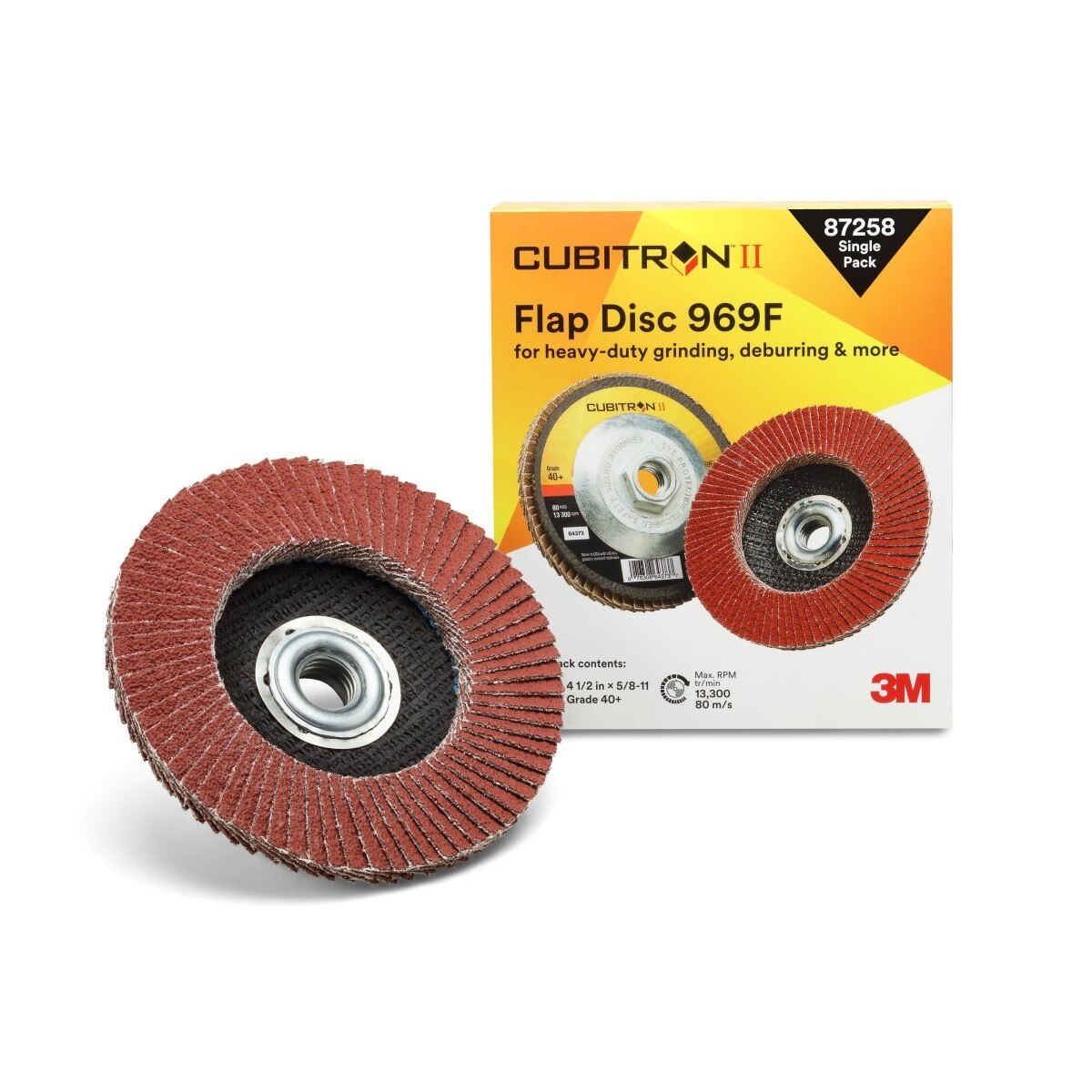 3M 969F Cubitron II Flap Disc, 40+, T27 Quick Change, Threaded, Maroon, 4-1/2 in x 5/8 in-11 (7100109866) (10 Pack) - 5