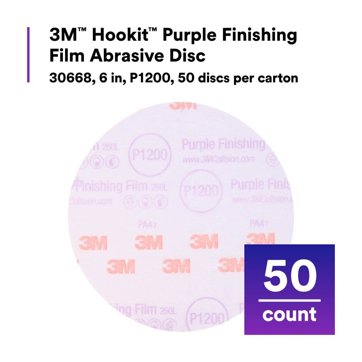 3M 260L 30668 Hookit Purple Finishing Film Abrasive Disc, Aluminum Oxide, P1200, Purple, 6 in, Clear Coat Sanding (7100122780) (200 Pack) - 2