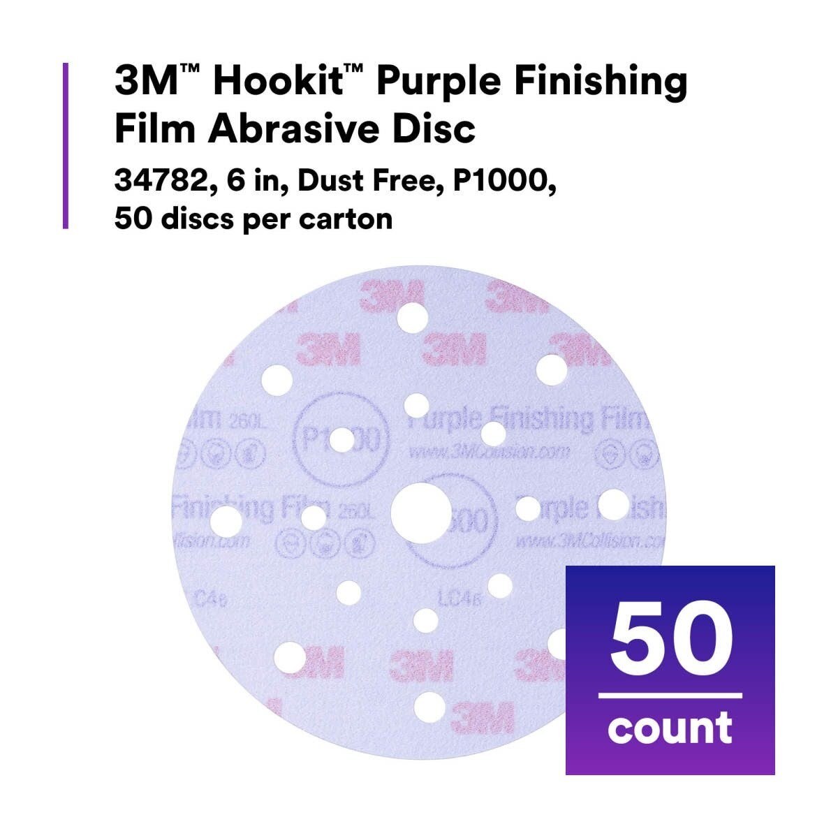 3M 34782 Hookit Purple Finishing Film Abrasive Disc, Dust Free, P1000, 6 in, Clear Coat Sanding, Paint Finishing (7100122800) (200 Pack) - 2