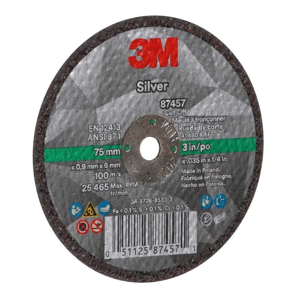 3M 7100138406 Silver Cut-Off Wheel 87457 60+ T1 3 in x 0.035 in x 1/4 in (25 Pack) - 2