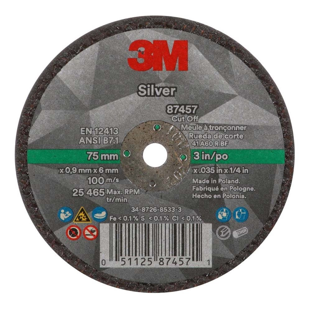 3M 7100138406 Silver Cut-Off Wheel 87457 60+ T1 3 in x 0.035 in x 1/4 in (25 Pack) - 3