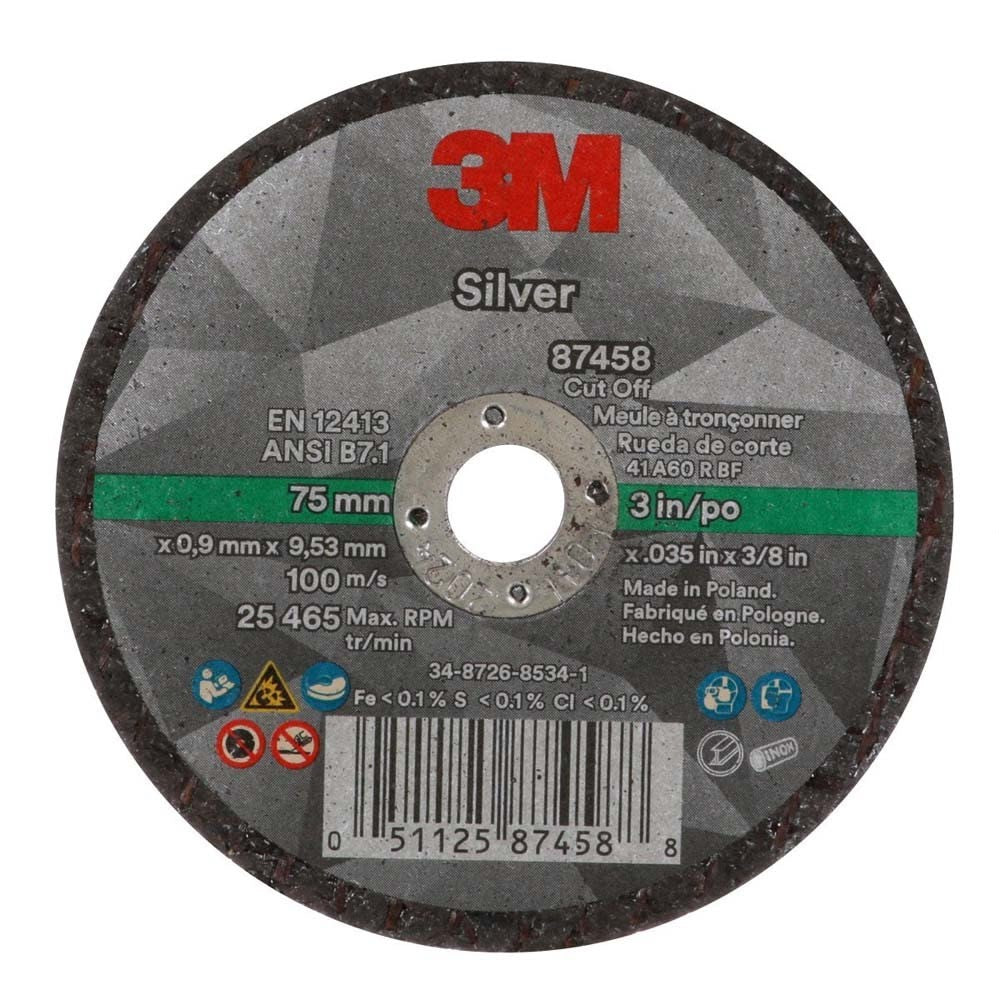 3M 87458 Silver Cut-Off Wheel T1, 3 in x .035 in x 3/8 in for Pipe Cutting on Stainless and Mild Steel (7100139208) (25 Pack)