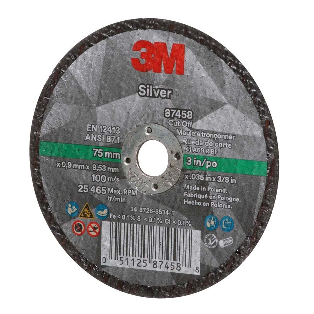 3M 7100139208 Silver Cut-Off Wheel T1, 3 in x .035 in x 3/8 in for Pipe Cutting on Stainless and Mild Steel (25 Pack) - 3