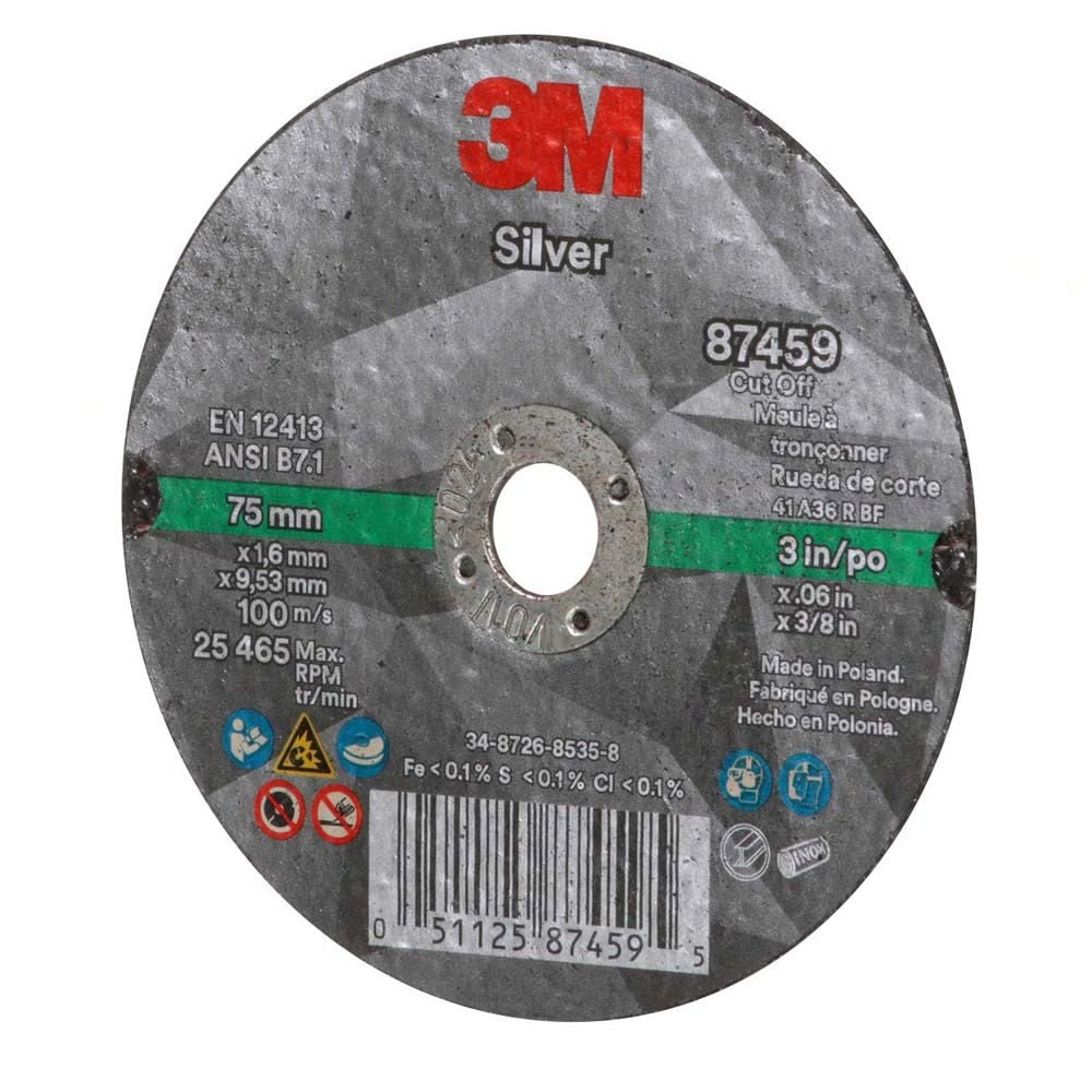 3M 87459 Silver Cut-Off Wheel 3 in x 0.060 in x 3/8 in for Stainless and Mild Steel Pipe Cutting (7100139210) (25 Pack) - 3