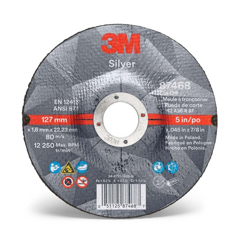 3M 7100139237 Silver Cut-Off Wheel 87468 36+ T27 5 in x 0.045 in x 7/8 in (25 Pack)