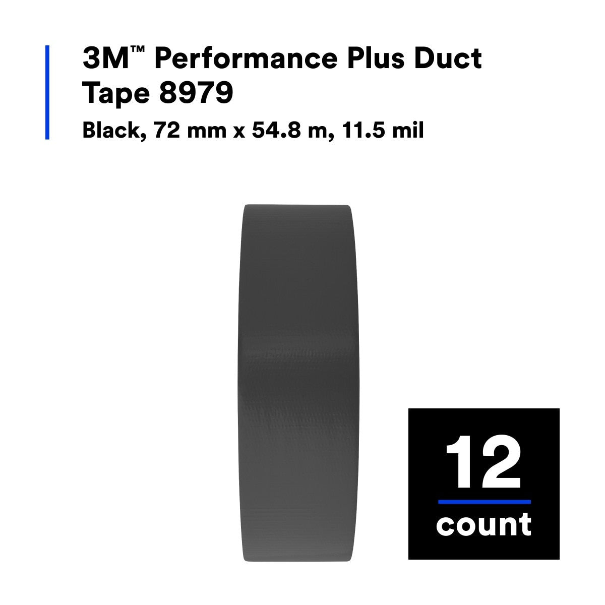 3M 8979 Performance Plus Duct Tape Heavy Duty, Black, 72 mm x 54.8 m, 11.5 mil, 6 Month Clean Removal, UV and Weather Resistant (7100139310) (12 Pack) - 4