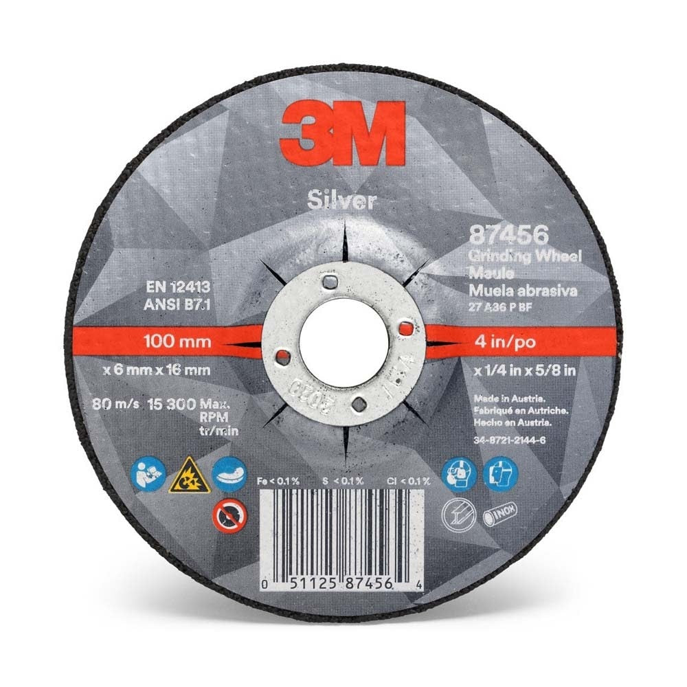 3M 7100141076 Silver Depressed Center Grinding Wheel, 87456, 36+, T27, 4 in x 1/4 in x 5/8 in (10 Pack)