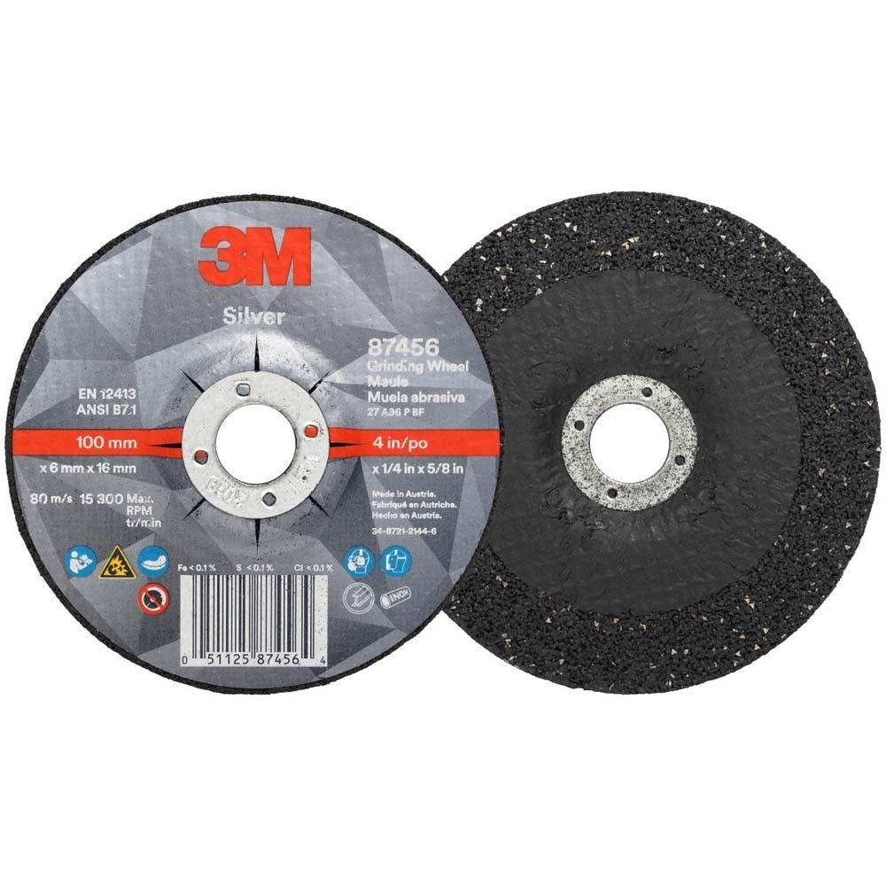 3M 7100141076 Silver Depressed Center Grinding Wheel, 87456, 36+, T27, 4 in x 1/4 in x 5/8 in (10 Pack) - 2