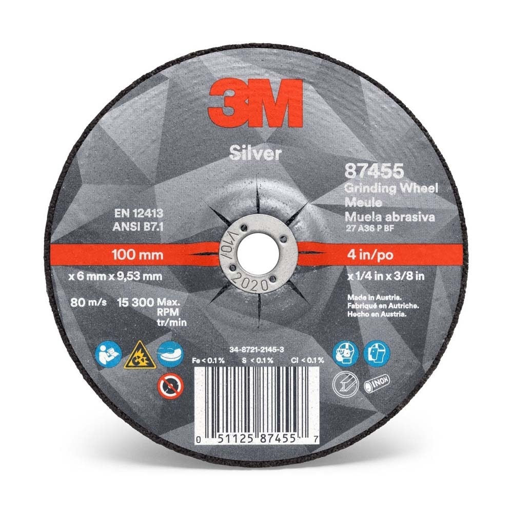 3M 7100141077 Silver Depressed Center Grinding Wheel, 87455, 36+, T27, 4 in x 1/4 in x 3/8 in (10 Pack)