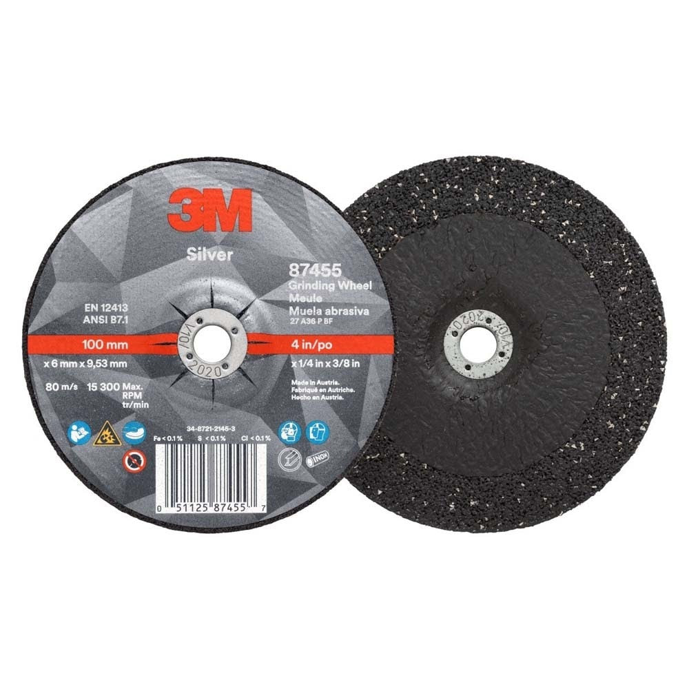 3M 7100141077 Silver Depressed Center Grinding Wheel, 87455, 36+, T27, 4 in x 1/4 in x 3/8 in (10 Pack) - 2