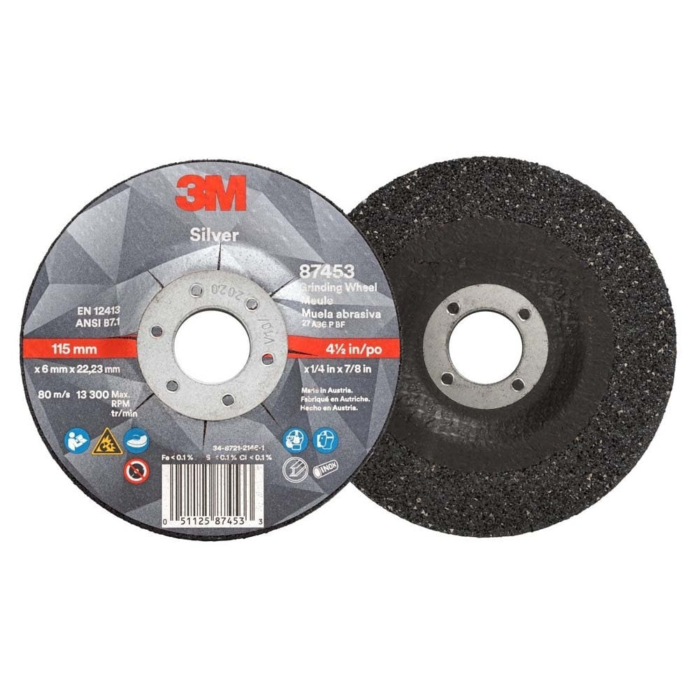 3M 7100141079 Silver Depressed Center Grinding Wheel 87453 36+ T27 4.5 in x 1/4 in x 7/8 in (10 Pack)